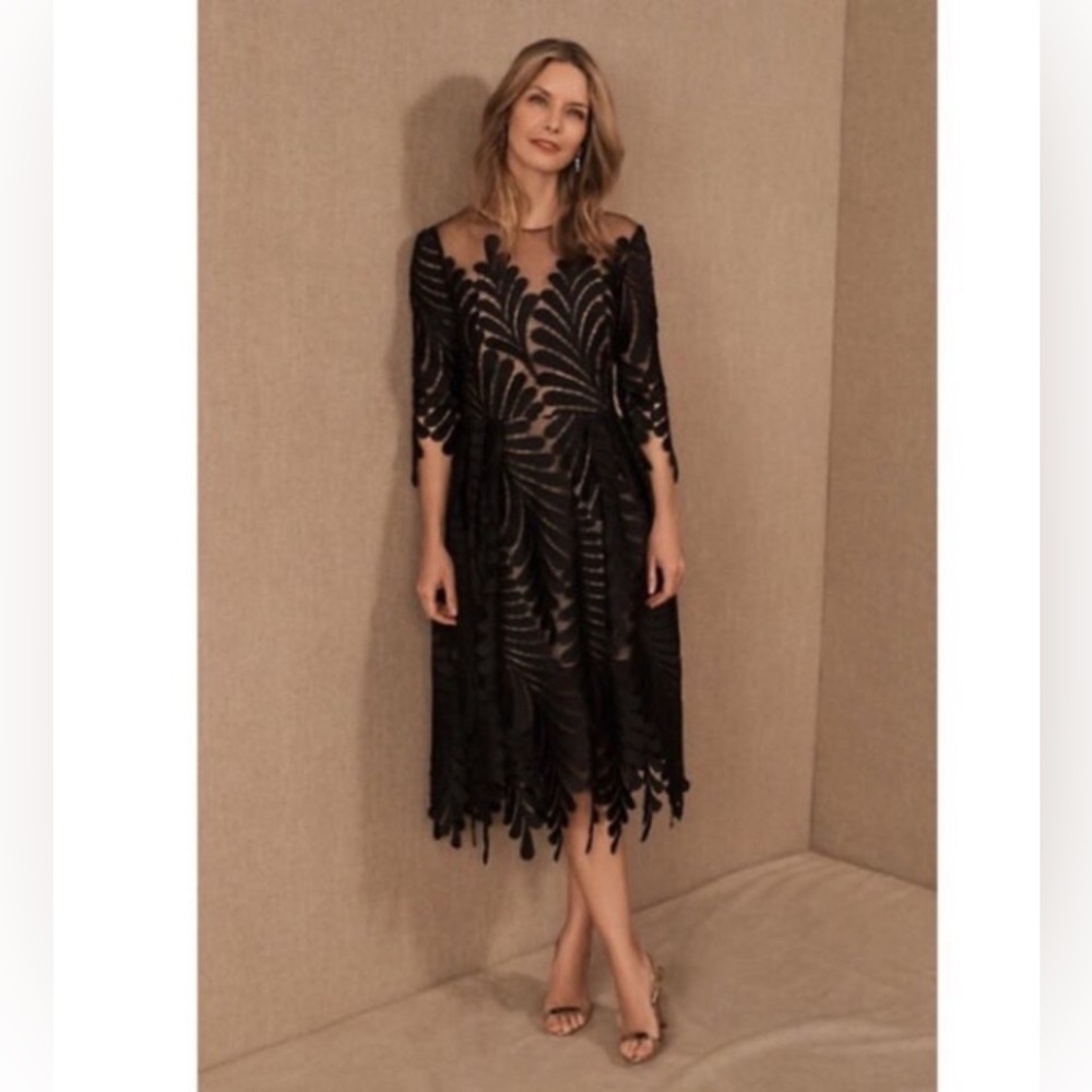 BHLDN Black Long Sleeve Sheer Appliqué Tea-Length Dress - Picture 2 of 16
